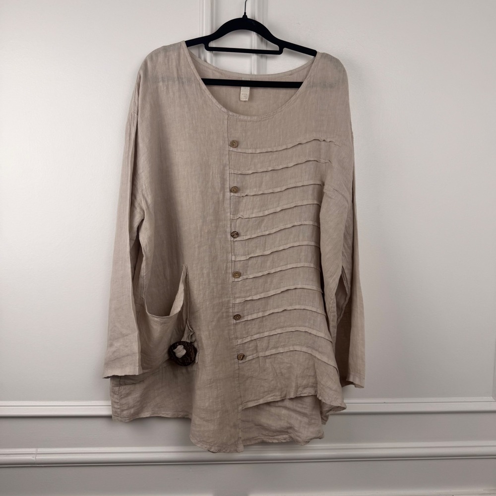 Prospero Italy 100% Linen Asymmetric Pintuck Tunic Top Beige Oversized L/XL
